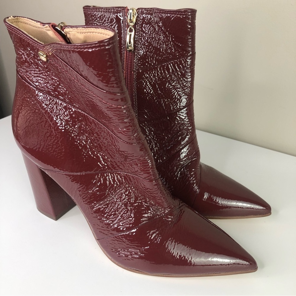 Jorge Bischoff Burgundy Patent Leather Point Toe Block Heel Boots 7.5